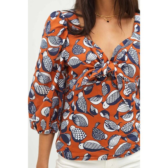 Anthropologie Eva Franco Tropical Birds Sweetheart Neck Blouse Puff Sleeves - Picture 2 of 3